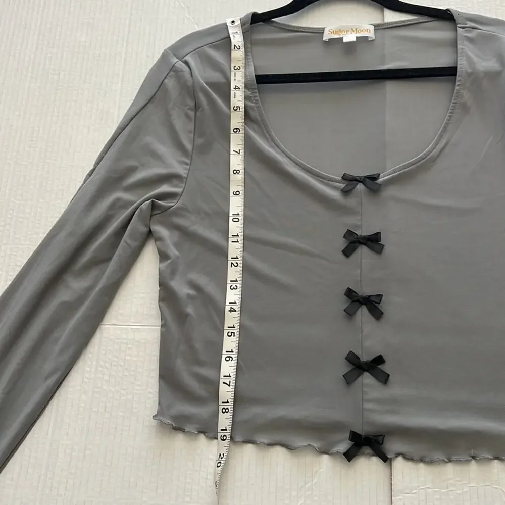 Sugar Moon Gray Mesh Bow Top XL Long Sleeve Ruffle Edge Coquette Y2K Crop - Picture 10 of 11